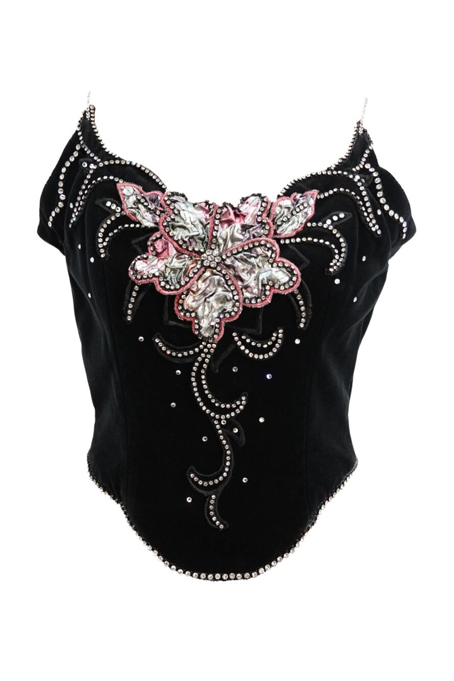 Vintage 1980s Embellished Black Velvet Corset with Rhinestone Straps